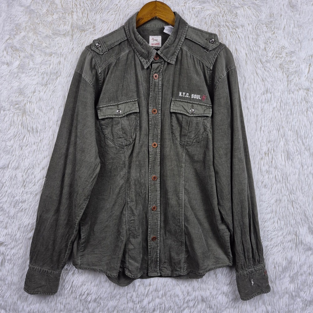 Triple Five Soul Mens XL Corduroy Military Shirt Olive Green Distressed Y2K